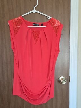 Sleeveless Lace-Trim Draped Top in Coral Red